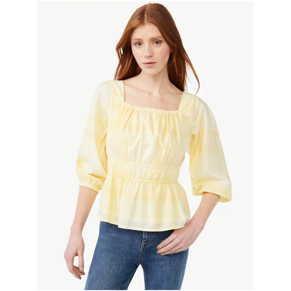 Free Assembly Women's Square Neck Top Blouson Sleeves Yellow Multisize NWT